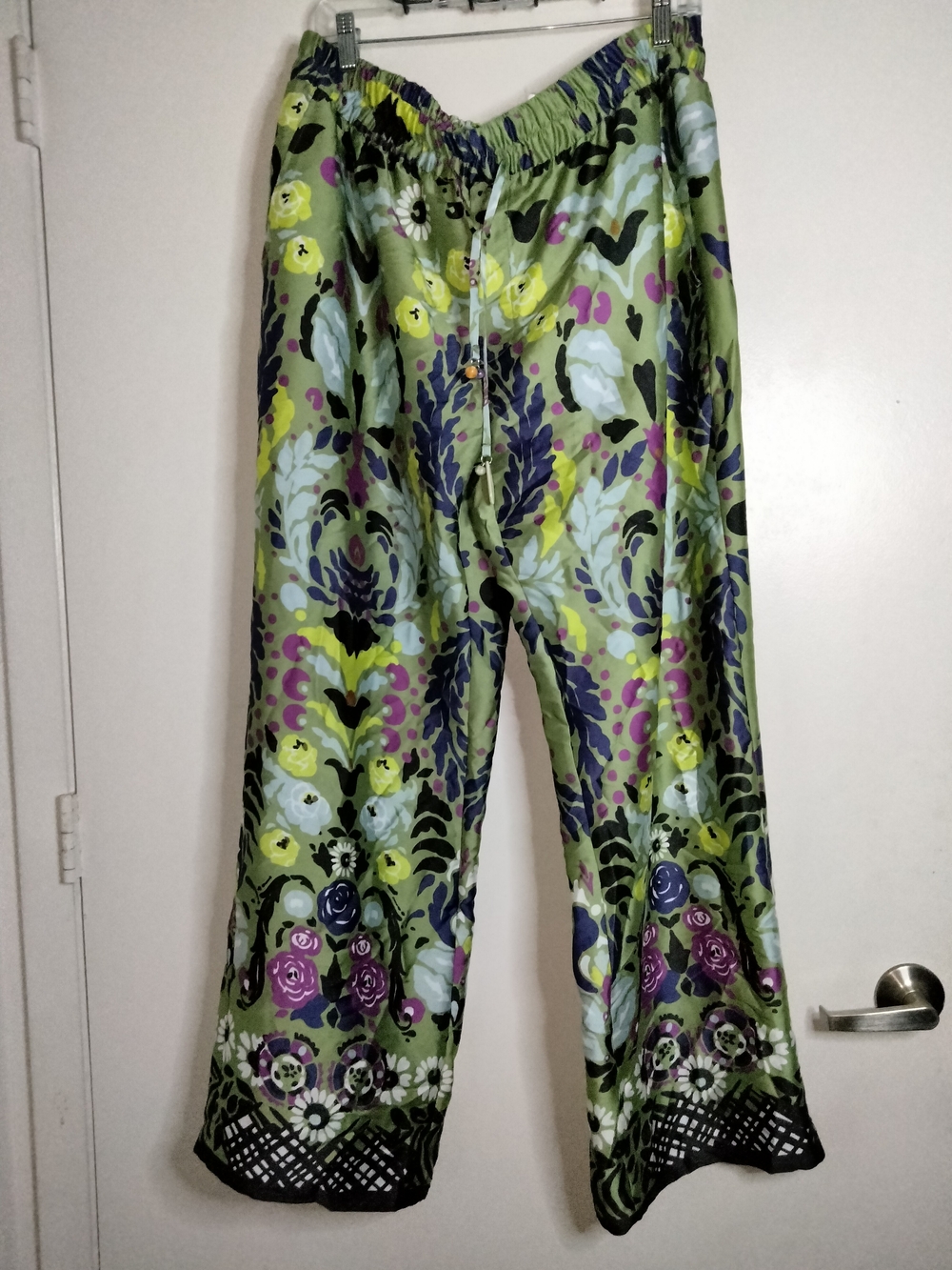 Zara -XXL- Floral Satin Flowy Wide-Leg Slip Pockets Palazzo Pants - Multicolored